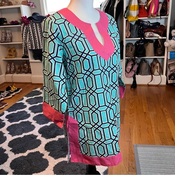 Simply Southern Baklava Cotton V Neck 3/4 Sleeves Small Pink Turquoise Tunic - Picture 4 of 8
